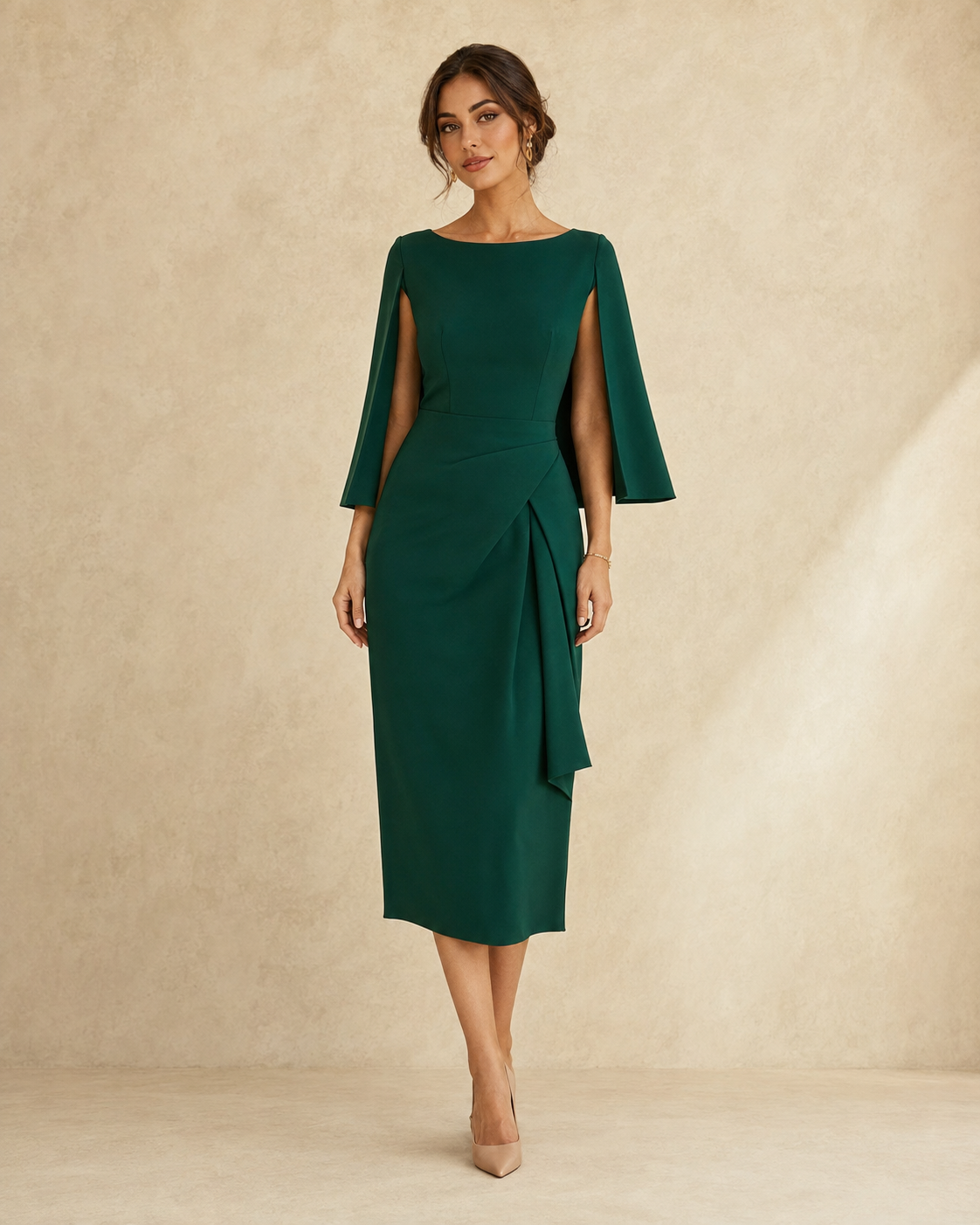 Liora Cape-Sleeve Tailored Midi Dress