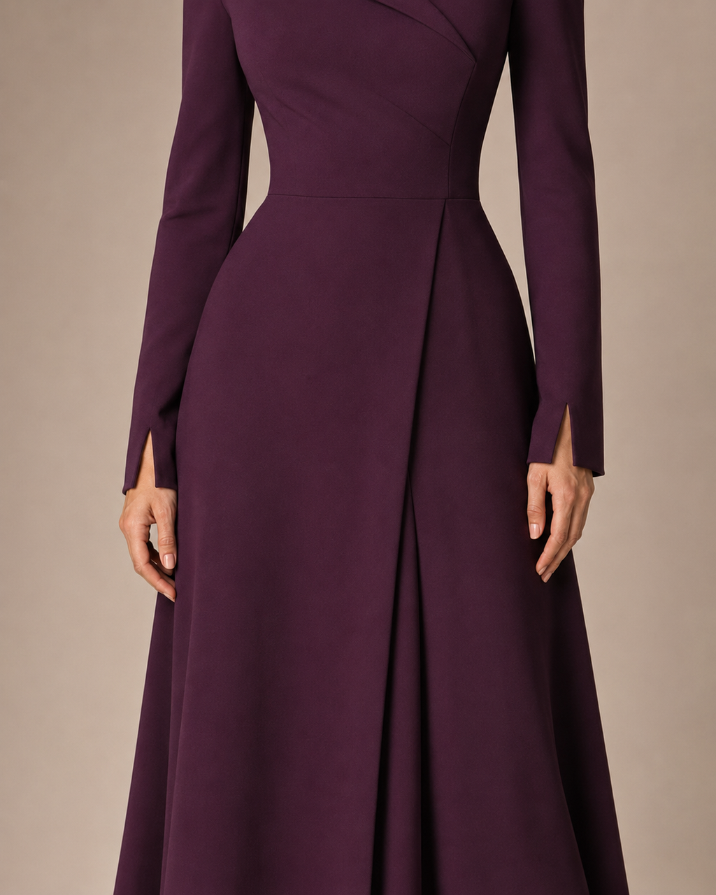Calista Fold-Collar Long-Sleeve Midi Dress