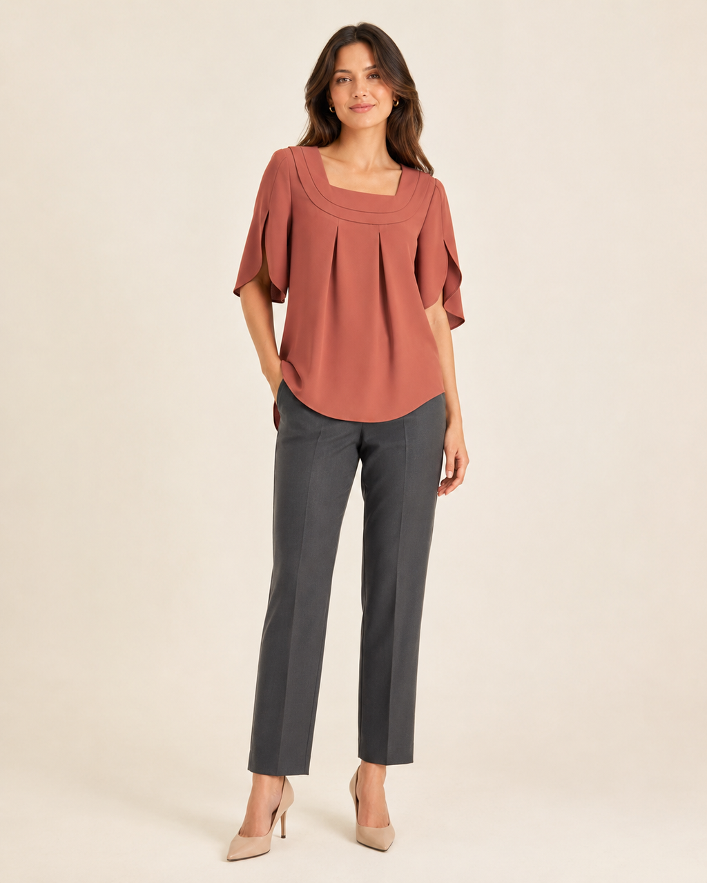 Avelisse Curved-Yoke Pleated Blouse
