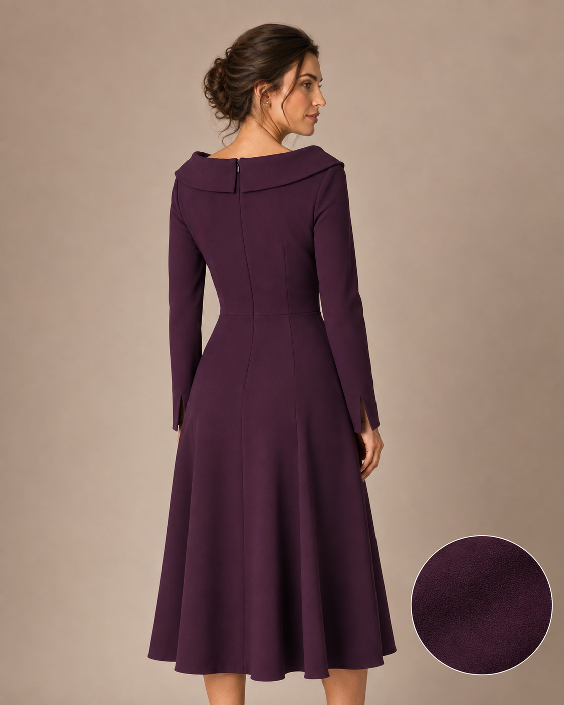 Calista Fold-Collar Long-Sleeve Midi Dress
