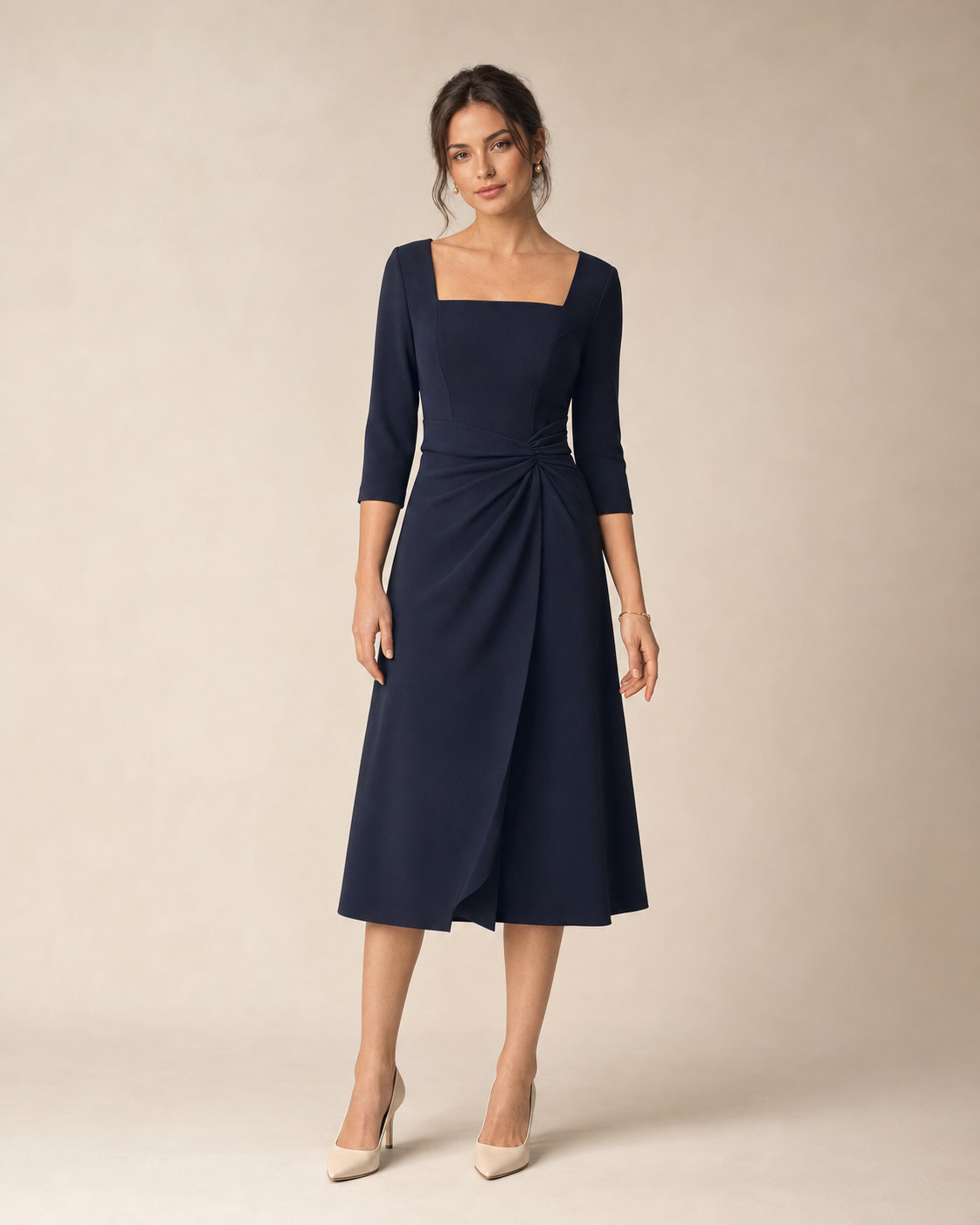 Mirelle Square-Neck Twist-Waist Midi Dress