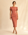 Valenne Arc-Peplum Tulip-Sleeve Midi Dress