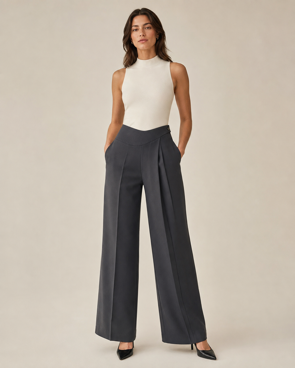 Caelene Arc-Waist Wide-Leg Trousers