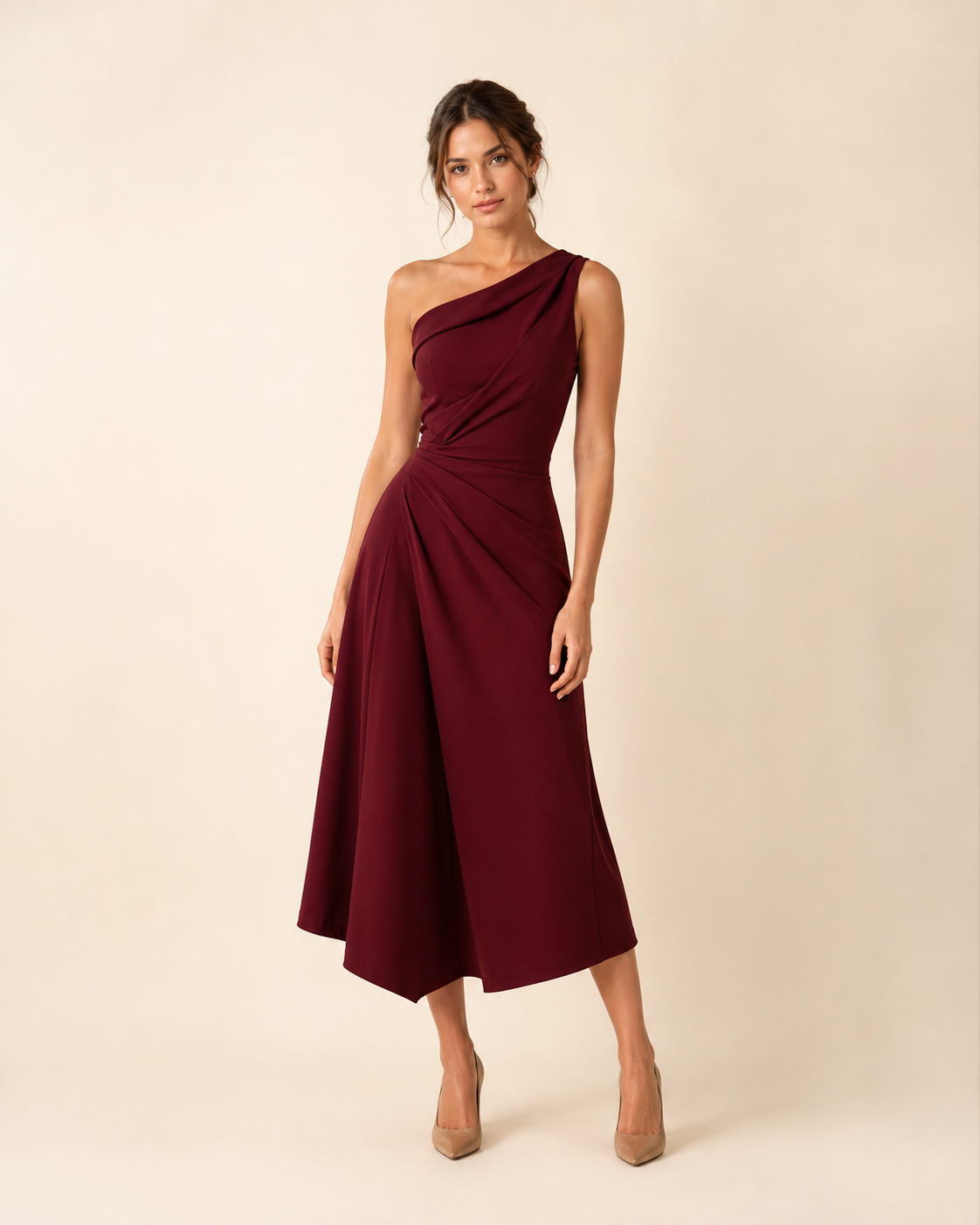 Serelle One-Shoulder Draped Midi Dress