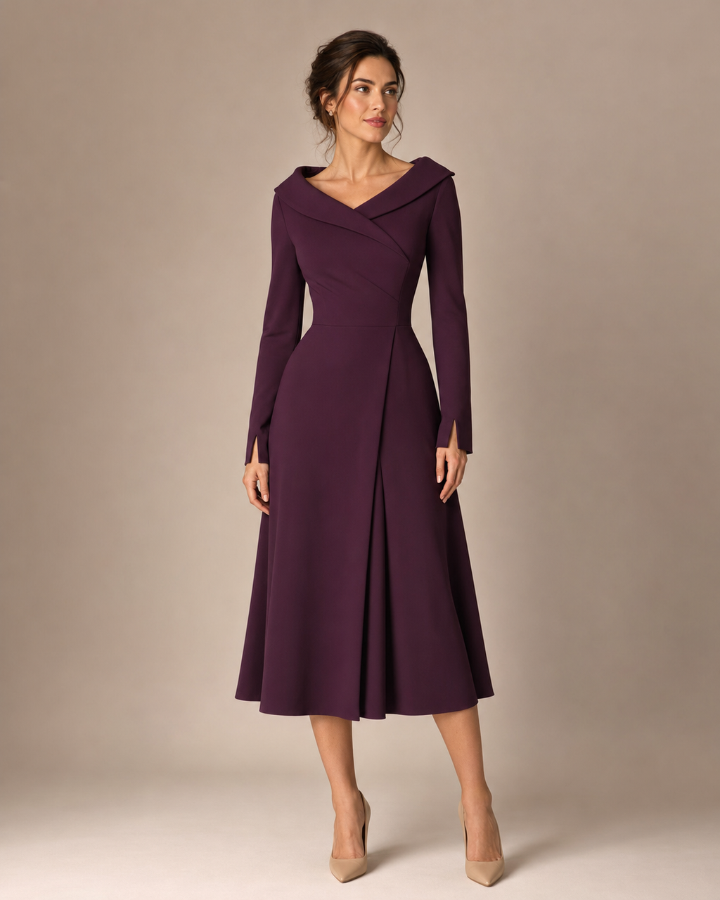 Calista Fold-Collar Long-Sleeve Midi Dress