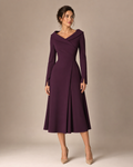 Calista Fold-Collar Long-Sleeve Midi Dress