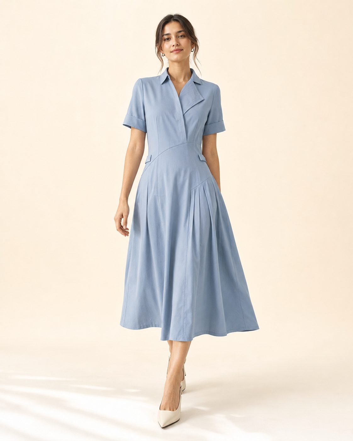 Amelisse Layered-Collar Pleated Midi Shirt Dress
