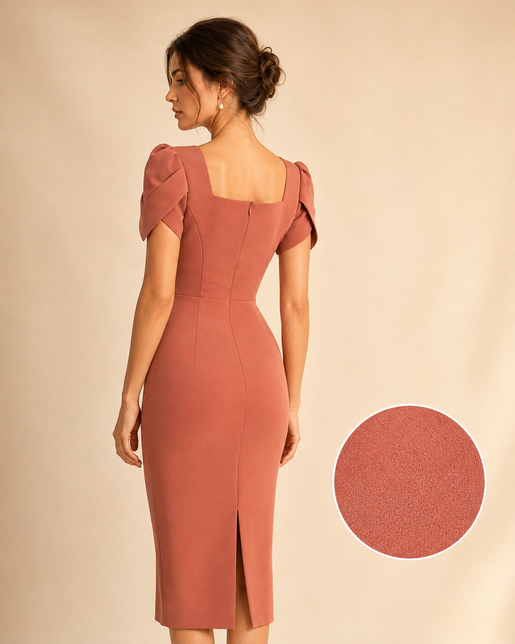 Valenne Arc-Peplum Tulip-Sleeve Midi Dress