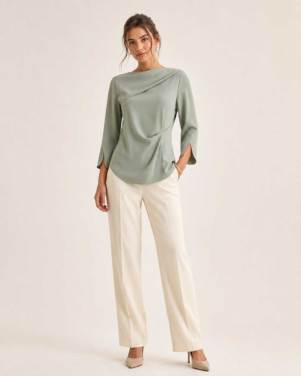 Sorienne Fold-Neck Sculpted Blouse