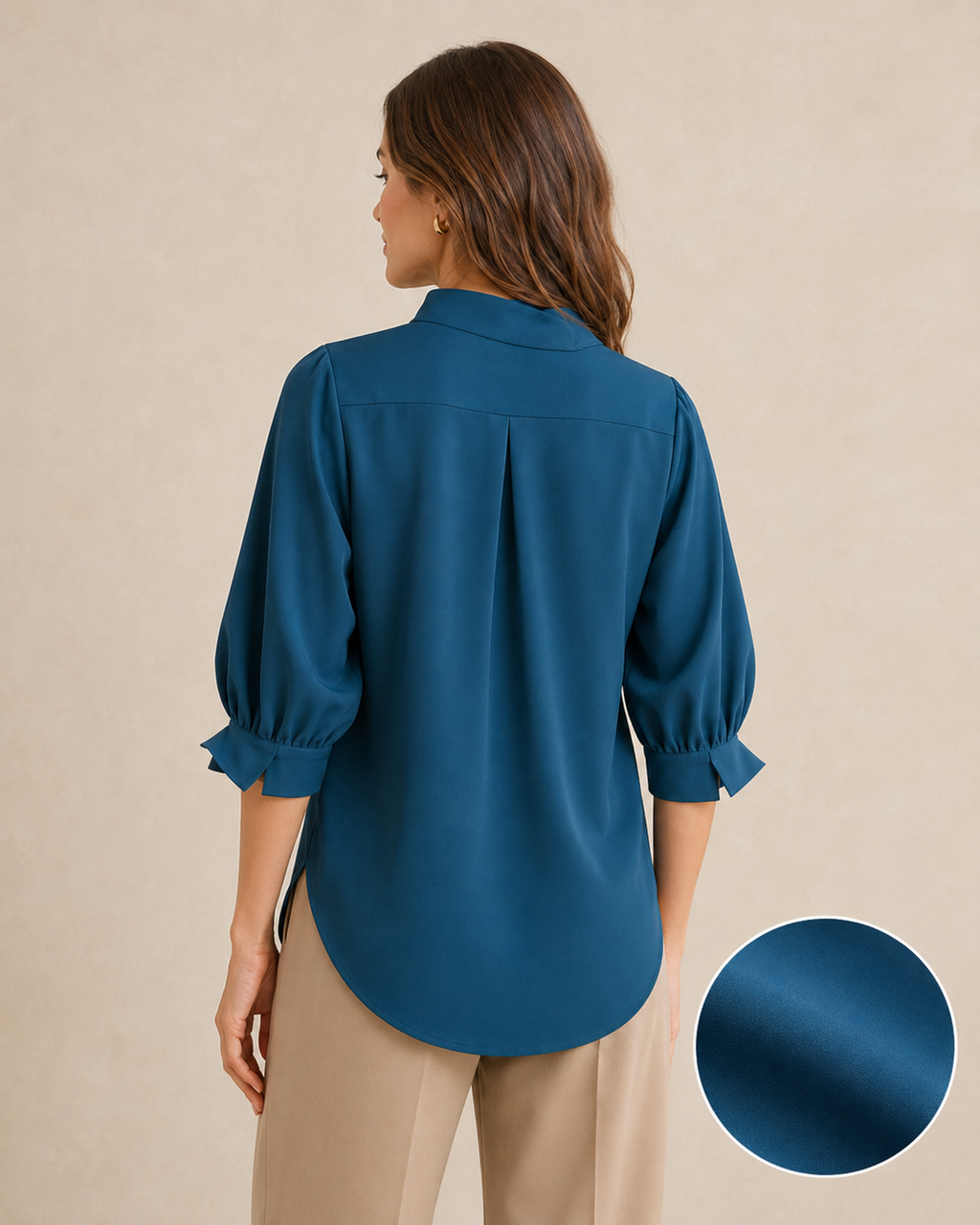 Mireva Offset-Collar Lantern-Sleeve Blouse