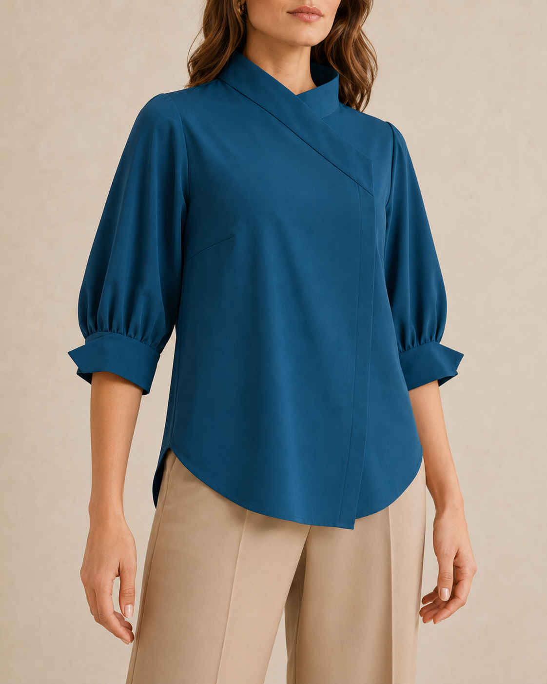 Mireva Offset-Collar Lantern-Sleeve Blouse