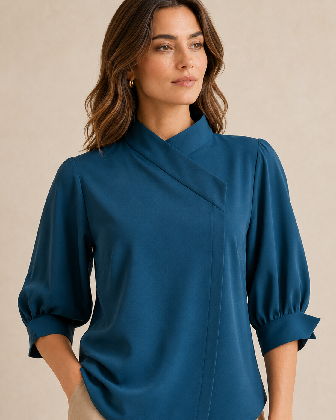 Mireva Offset-Collar Lantern-Sleeve Blouse