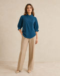 Mireva Offset-Collar Lantern-Sleeve Blouse